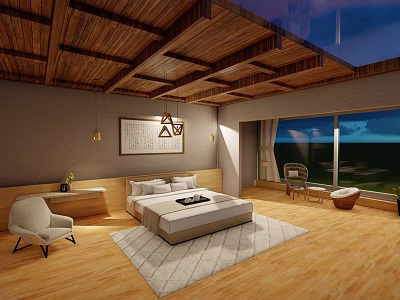 Hotel Room With Wooden Ceiling King Bed Area Rug And Ocean View Window 3d model