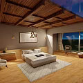 Hotel Room With Wooden Ceiling King Bed Area Rug And Ocean View Window