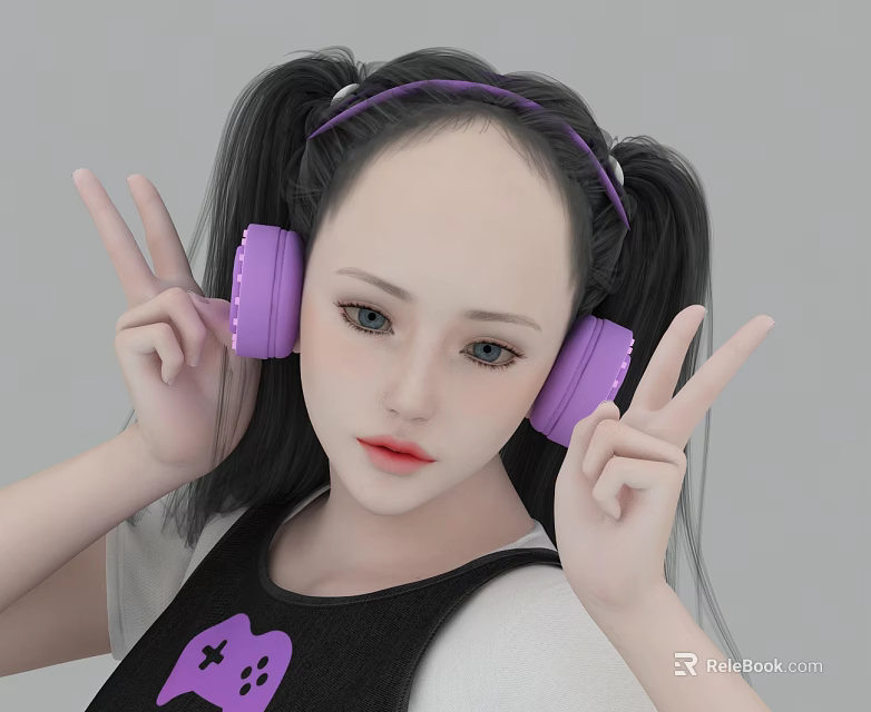 Girl With Double Ponytails Wearing Purple Headphones Making Peace Sign Gestures 3d model 