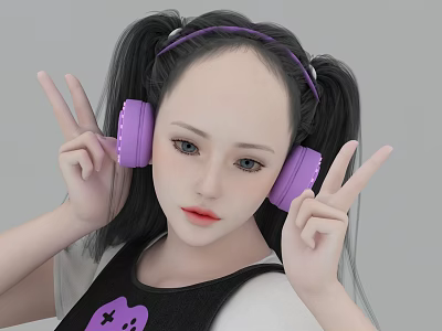 Girl With Double Ponytails Wearing Purple Headphones Making Peace Sign Gestures 3d model