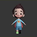 Cartoon Child In Blue Outfit With Superhero Logo Red Cape And Green Shoes