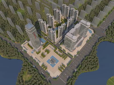 Urban Aerial Planning Design With High-Rise Buildings Plaza Waterbody And Greenery 3d model