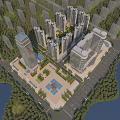 Urban Aerial Planning Design With High-Rise Buildings Plaza Waterbody And Greenery