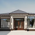 Detached Villa Exterior With Dark Roof Large Windows Glass Door And Columns