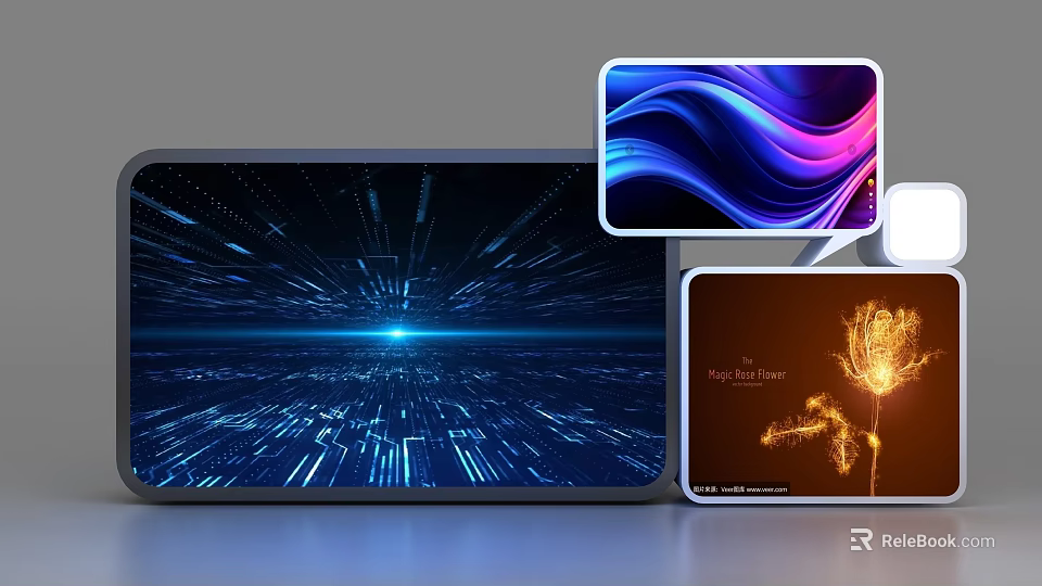 Modern Background Wall Design Showcasing Digital Screens With Tech Lines Purple Waves And Golden Dandelion 3d model 