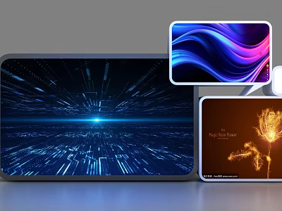 Modern Background Wall Design Showcasing Digital Screens With Tech Lines Purple Waves And Golden Dandelion 3d model