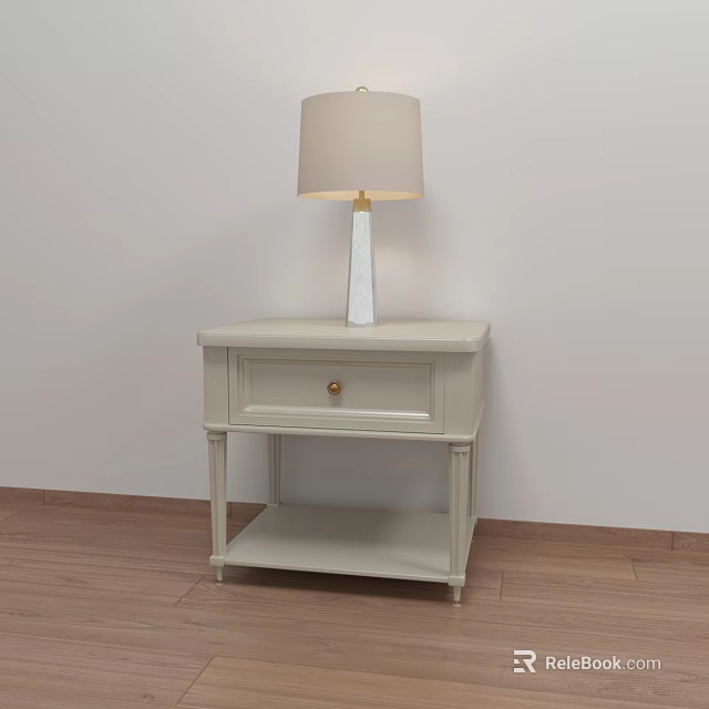 White Bedside Table With Drawer Gold Knob Open Shelf And Table Lamp Shade 3d model