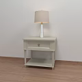 White Bedside Table With Drawer Gold Knob Open Shelf And Table Lamp Shade 3d model