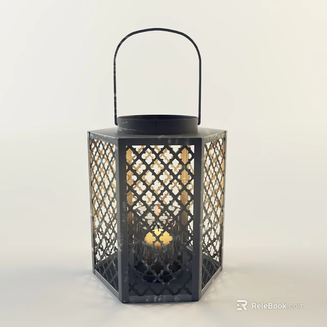Decorative Metal Candle Lantern with Intricate Lattice Design and Burning Candle 3d model 