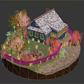 Blue Miniature House Model With White Tile Roof Green Trees And Wooden Fence