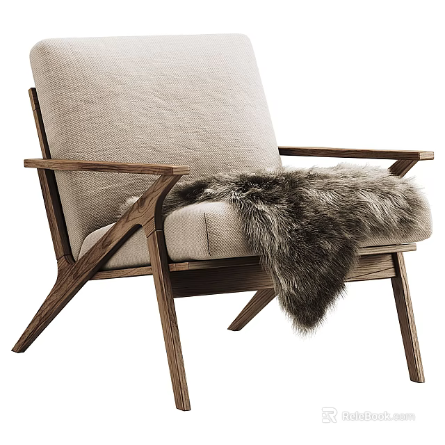 Modern Stylish Wooden Frame Armchair With Light Gray Cushion And Furry Blanket 3d model 