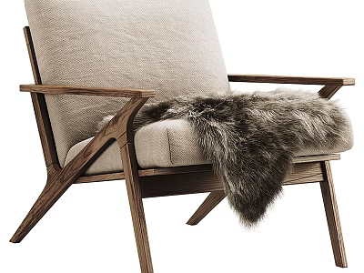 Modern Stylish Wooden Frame Armchair With Light Gray Cushion And Furry Blanket 3d model