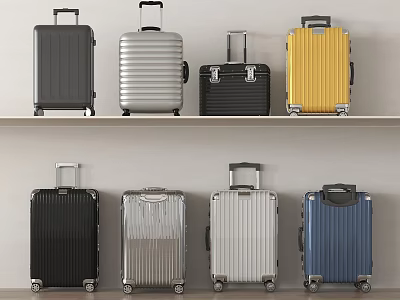 Assorted Colors Hard Shell Suitcases With Retractable Handles And Wheels Displayed On Shelves 3d model