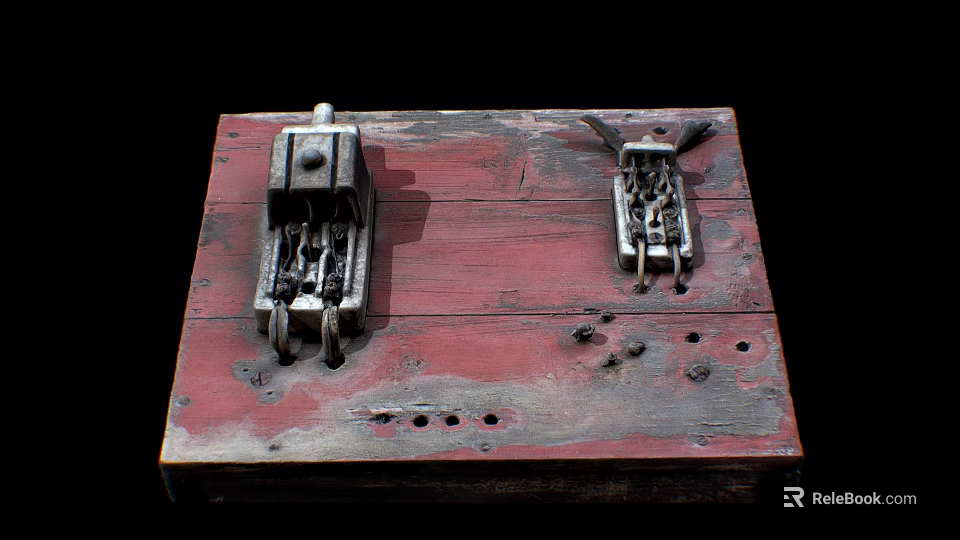 Vintage Switch Panel on Red Worn Wooden Board with Rusted Mechanisms and Holes 3d model 