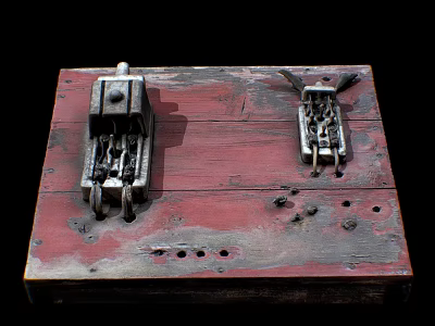 Vintage Switch Panel on Red Worn Wooden Board with Rusted Mechanisms and Holes 3d model