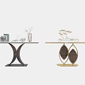 Two Tone Modern Console Tables With Geometric Bases And Plant Decorations