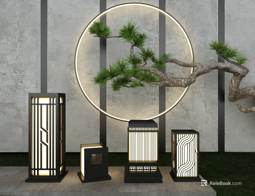 Outdoor Lights With Various Designs Circular Ring Light And Pine Branch By Gray Wall 3d model