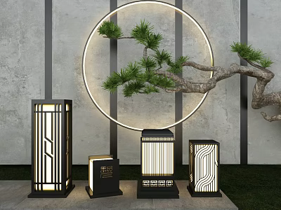 Outdoor Lights With Various Designs Circular Ring Light And Pine Branch By Gray Wall 3d model