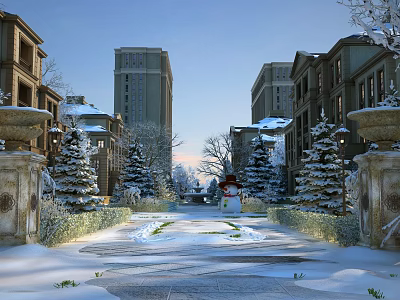 Charming Winter Snow Covered Luxury Residential Community Garden Landscape With Cute Snowman And Pine Trees 3d model