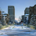 Charming Winter Snow Covered Luxury Residential Community Garden Landscape With Cute Snowman And Pine Trees