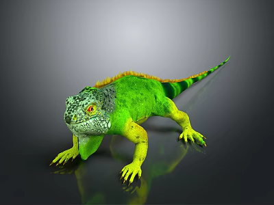 Vibrant Green Lizard With Orange Crest Yellow Limbs Black Stripes Red Eyes On Reflective Surface 3d model