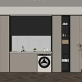 Modern Laundry Space With Built In Washing Machine White Black Cabinets Storage Shelves And Plant