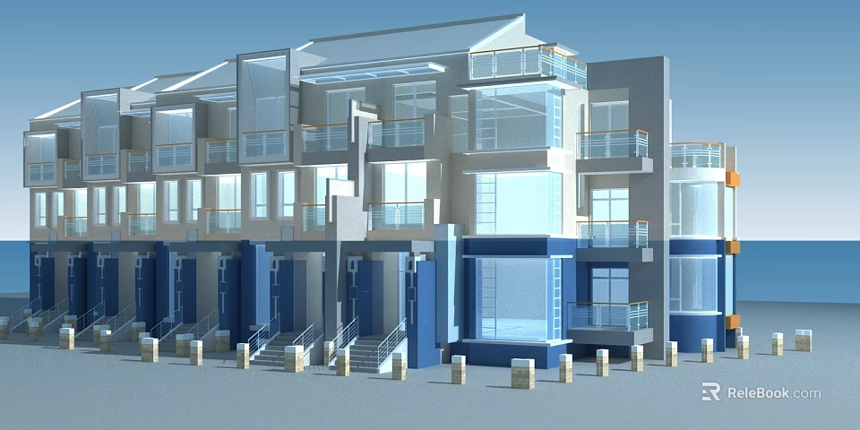 Modern Townhouse Exterior Design With Large Glass Windows And Multiple Balconies 3d model 