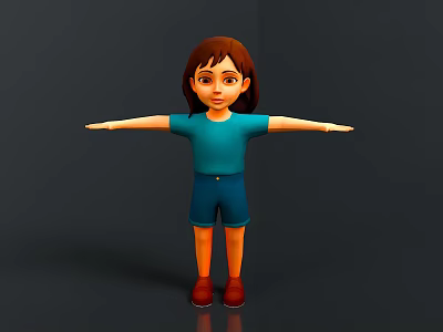 3D Character Girl with Blue Shirt Blue Shorts Red Shoes Arms Outstretched Dark Background 3d model