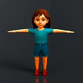 3D Character Girl with Blue Shirt Blue Shorts Red Shoes Arms Outstretched Dark Background