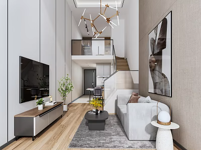 Modern Apartment Living Room With Gray Sofa TV Stand Chandelier Staircase And Large Decorative Painting 3d model
