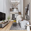 Modern Apartment Living Room With Gray Sofa TV Stand Chandelier Staircase And Large Decorative Painting