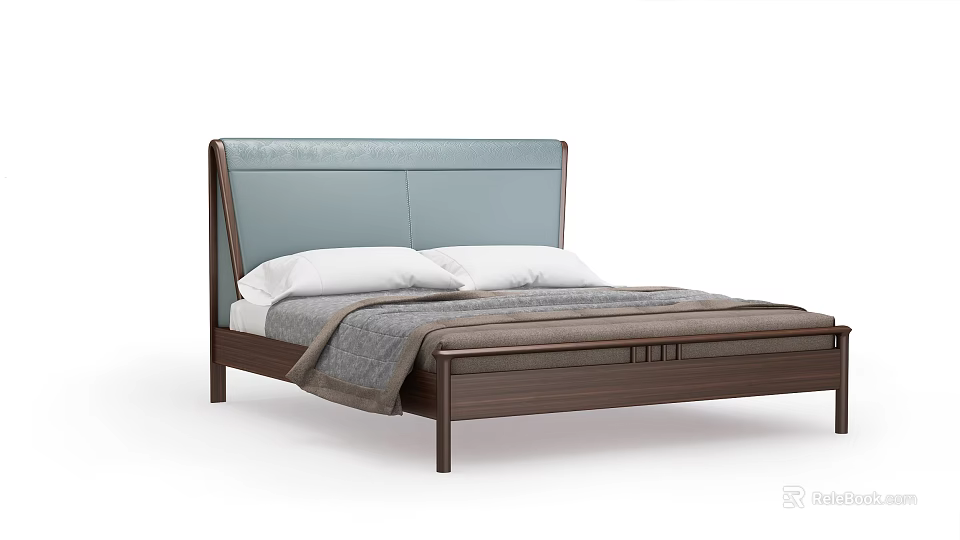 Modern Double Bed With Light Blue Upholstered Headboard And Wooden Frame 3d model