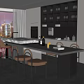 Modern Open Kitchen Interior With Marble Island Chairs And City View