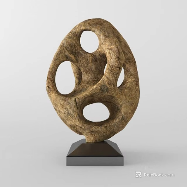 Rustic Natural Stone Decorative Ornament Set With Circular Hollowed Holes And Black Base 3d model 