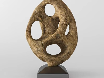 Rustic Natural Stone Decorative Ornament Set With Circular Hollowed Holes And Black Base 3d model