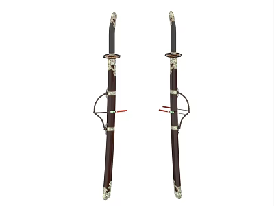 Two Traditional Swords with Dark Scabbards Ornate Metal Fittings and Decorative Handles 3d model