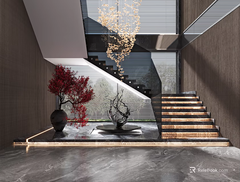 Modern Luxury Staircase Interior With Chandelier Decor Tree And Sculpture 3d model 