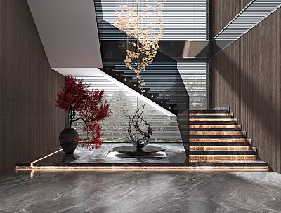 Modern Luxury Staircase Interior With Chandelier Decor Tree And Sculpture 3d model