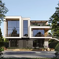 Modern Detached Villa Exterior With Large Glass Windows And Two Story Design Surrounded By Trees