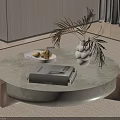 Light Beige Marble Coffee Table with Fruit Plate Vase and Black Notebook on Wooden Legs