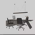 Modern Office Desk With Wooden Surface Computer Monitor Black Chairs And Hanging Lamp
