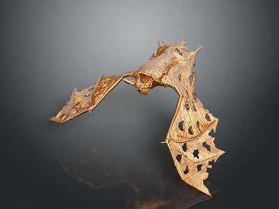 Golden Bat Sculpture Featuring Spread Wings and Intricate Hollow Patterns on Dark Background 3d model