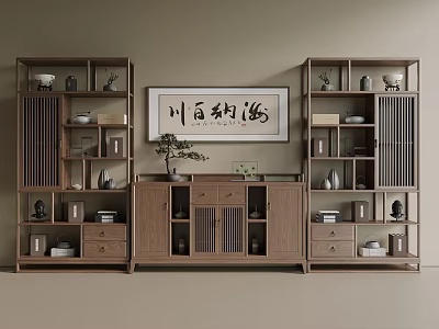 Traditional Chinese Interior With Wooden Shelves Calligraphy Art And Decor Items 3d model