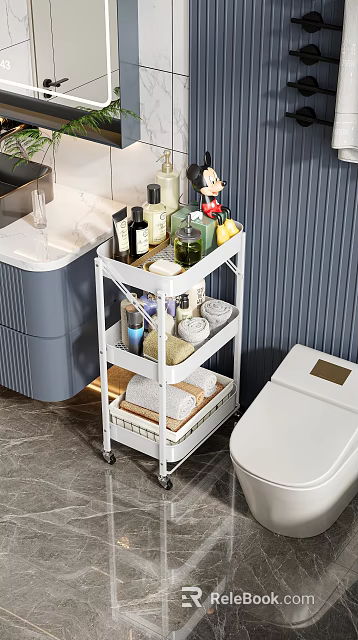 Modern Bathroom 3-Tier White Storage Shelf with Decorative Toiletries Towels and Organizer 3d model 