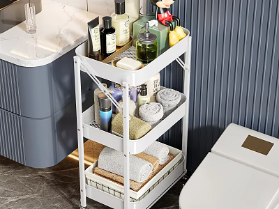 Modern Bathroom 3-Tier White Storage Shelf with Decorative Toiletries Towels and Organizer 3d model