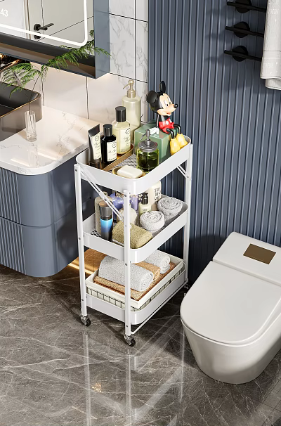 Modern Bathroom 3-Tier White Storage Shelf with Decorative Toiletries Towels and Organizer 3d model