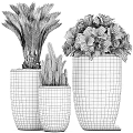 Modern Garden Decor Elements With Geometric Patterned Planters And Assorted Green Foliage Plants