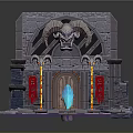 Mystical Stone Structure Landscape With Ram Horn Decoration Red Curtains And Blue Glowing Object