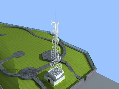 Steel Communication Tower Standing On Green Grass With Surrounding Wall And Pathways 3d model