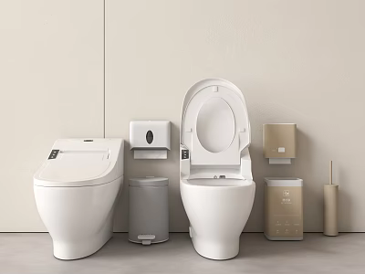 Modern Smart Toilet And Regular Toilet With Trash Can Paper Holder Storage In Minimalist Bathroom 3d model